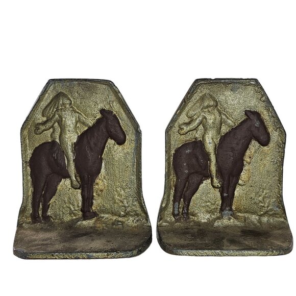 Vintage Native American Appeal To The Great Spirit Cast Iron Bookends Horse West - Picture 1 of 8
